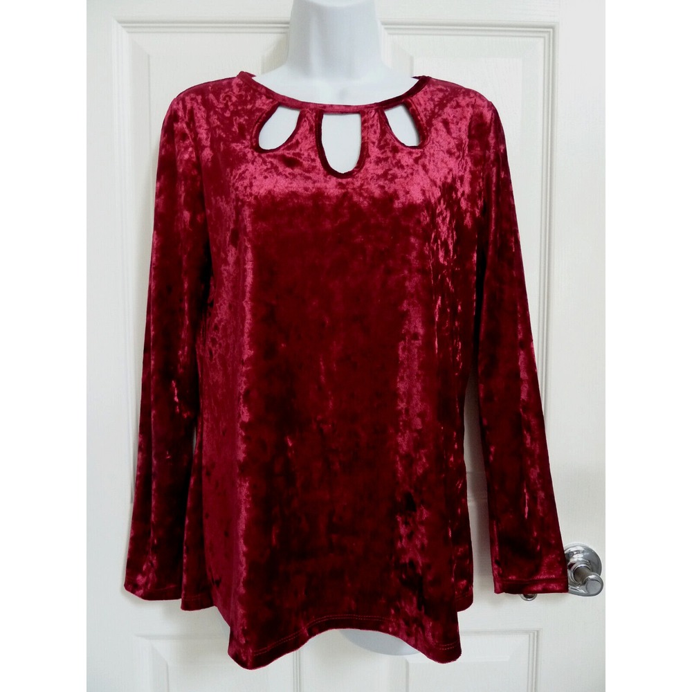Como Vintage Women Burgundy Velvet Long Sleeve Keyhole Neck Pullover Top Size M